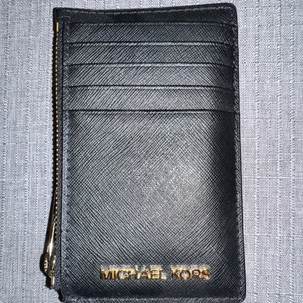 Michael Kors Black Textured Card Holder with Gold Accents